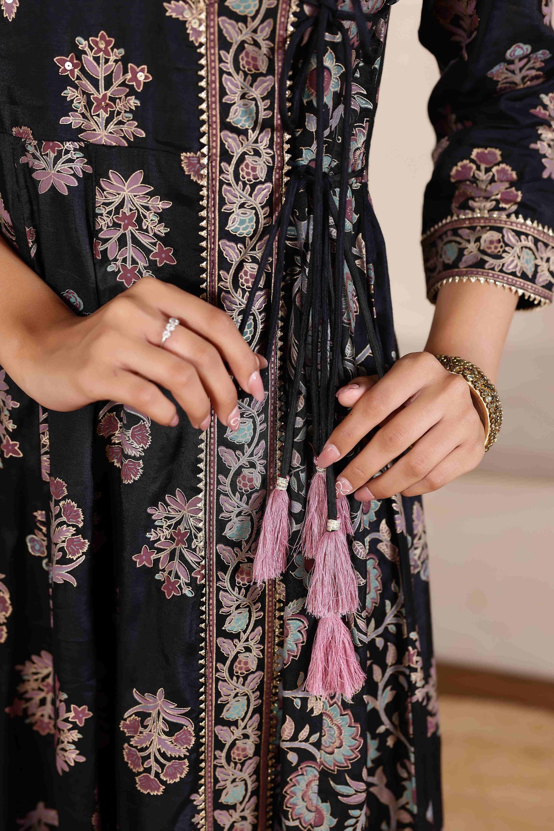 Radiant Elegance: Black Angrakha Dress with Floral Dupatta and Shimmering Accents