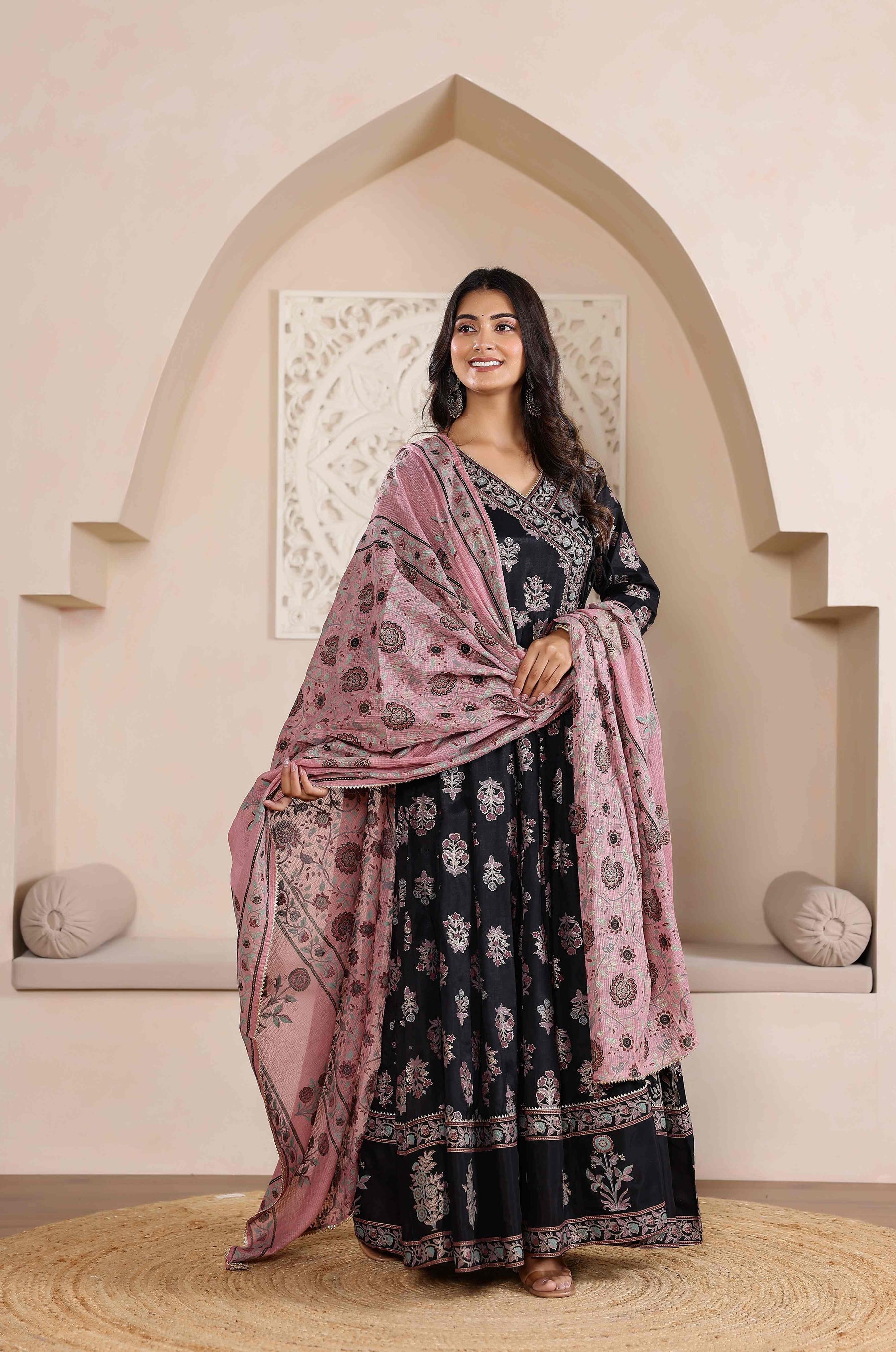 Radiant Elegance: Black Angrakha Dress with Floral Dupatta and Shimmering Accents