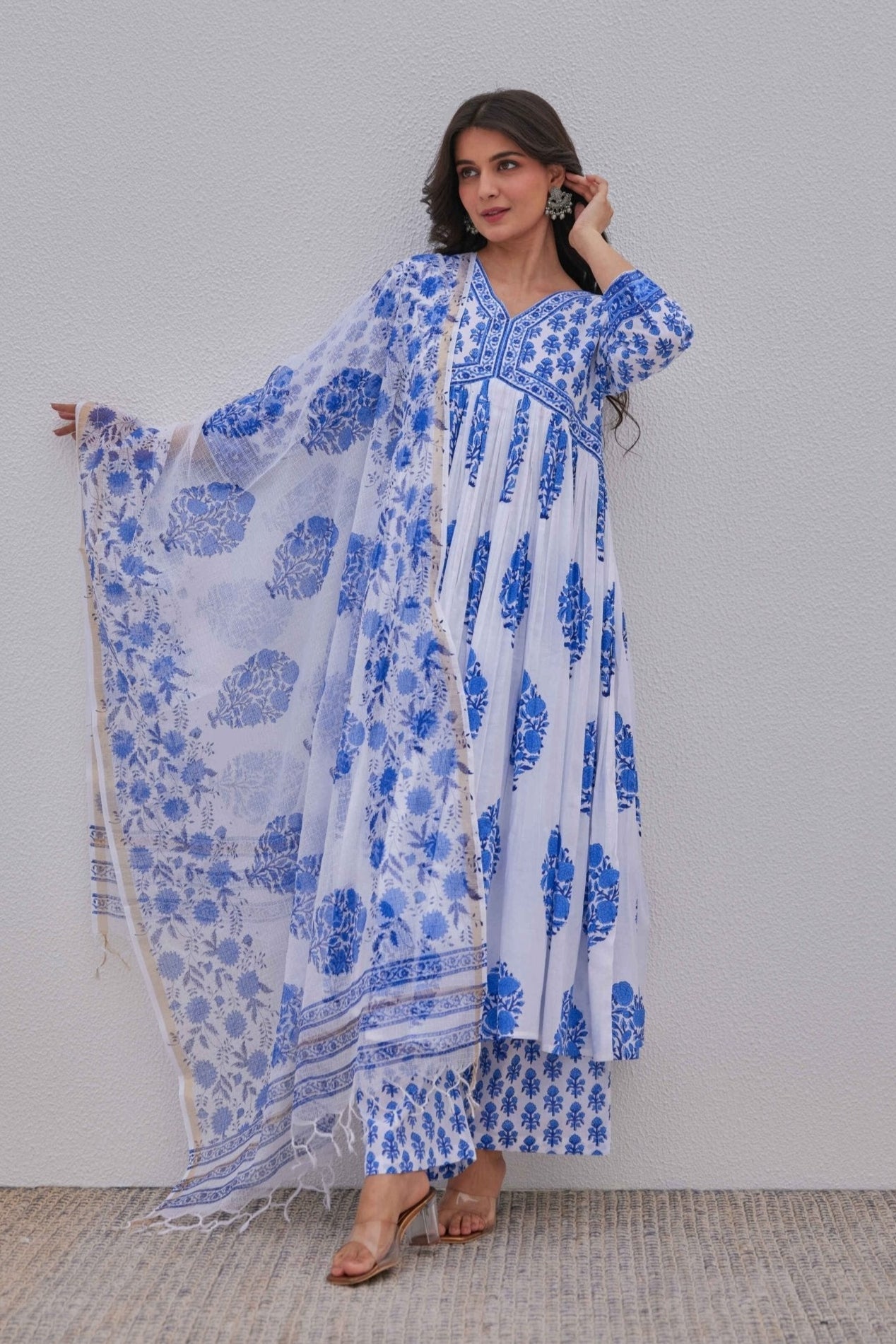 White Blue Hand Block Printed Kurta Set - Tara - C - Tara