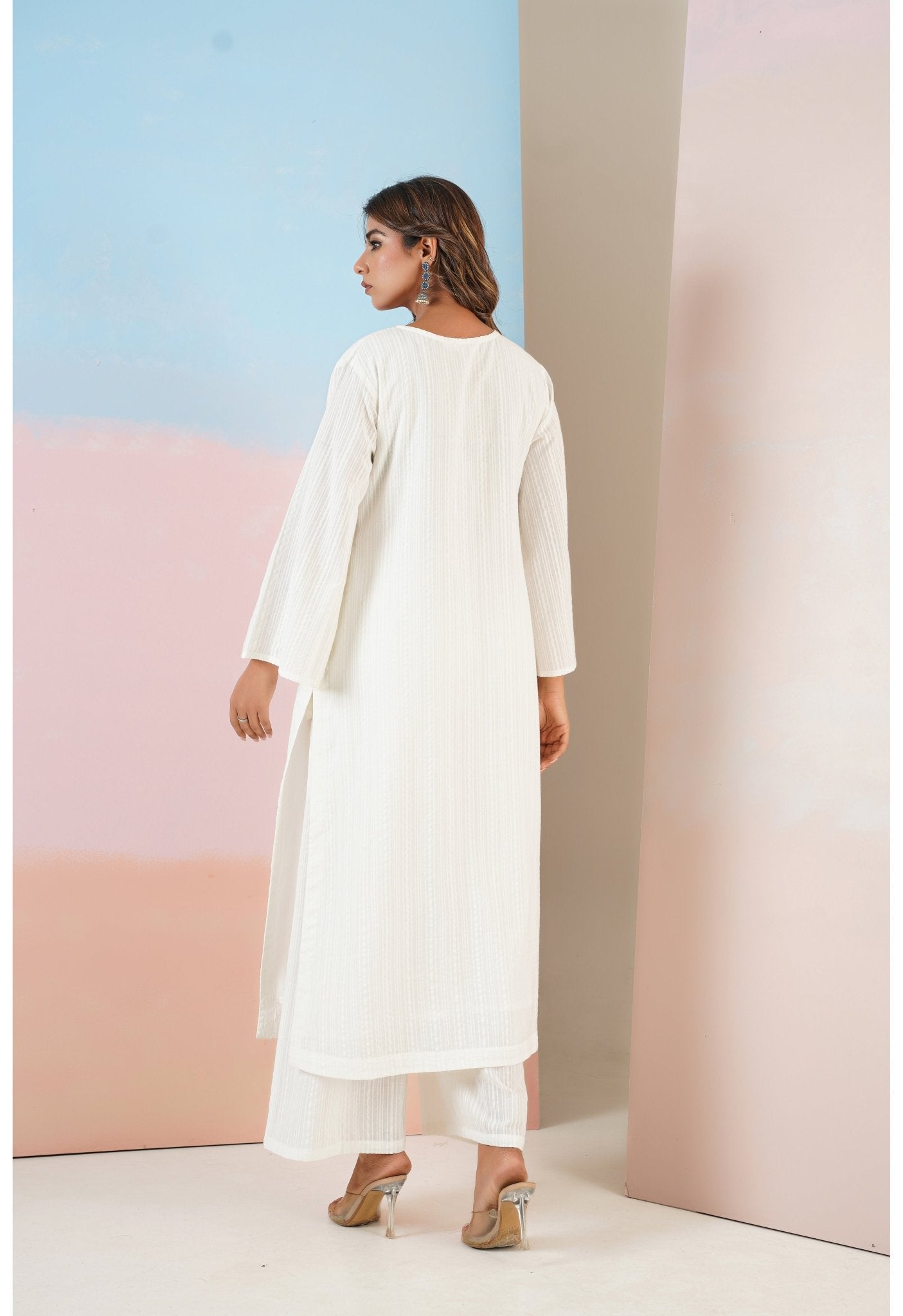 White Cotton Self Stripped Coord Set - Tara - C - Tara