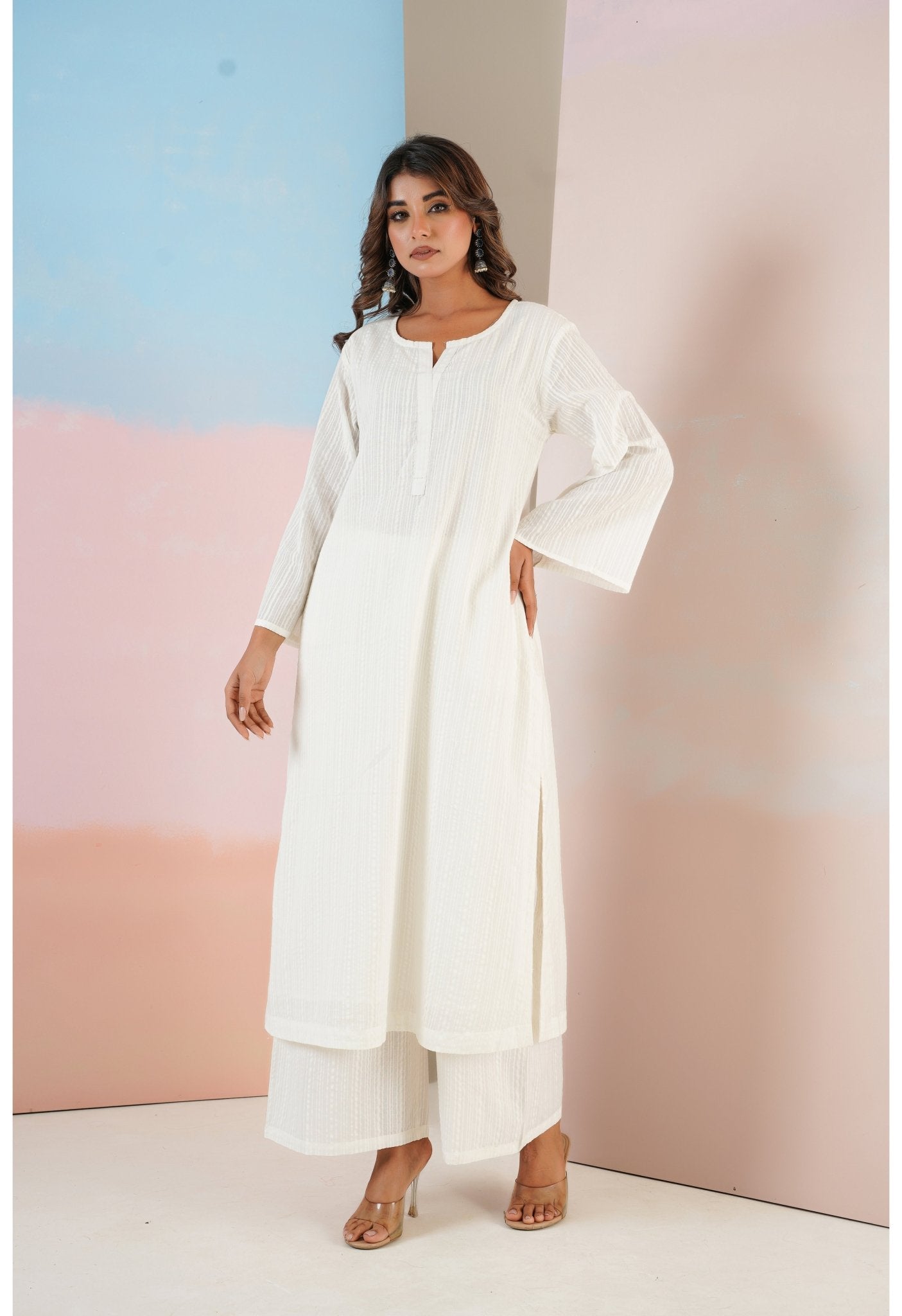 White Cotton Self Stripped Coord Set - Tara - C - Tara