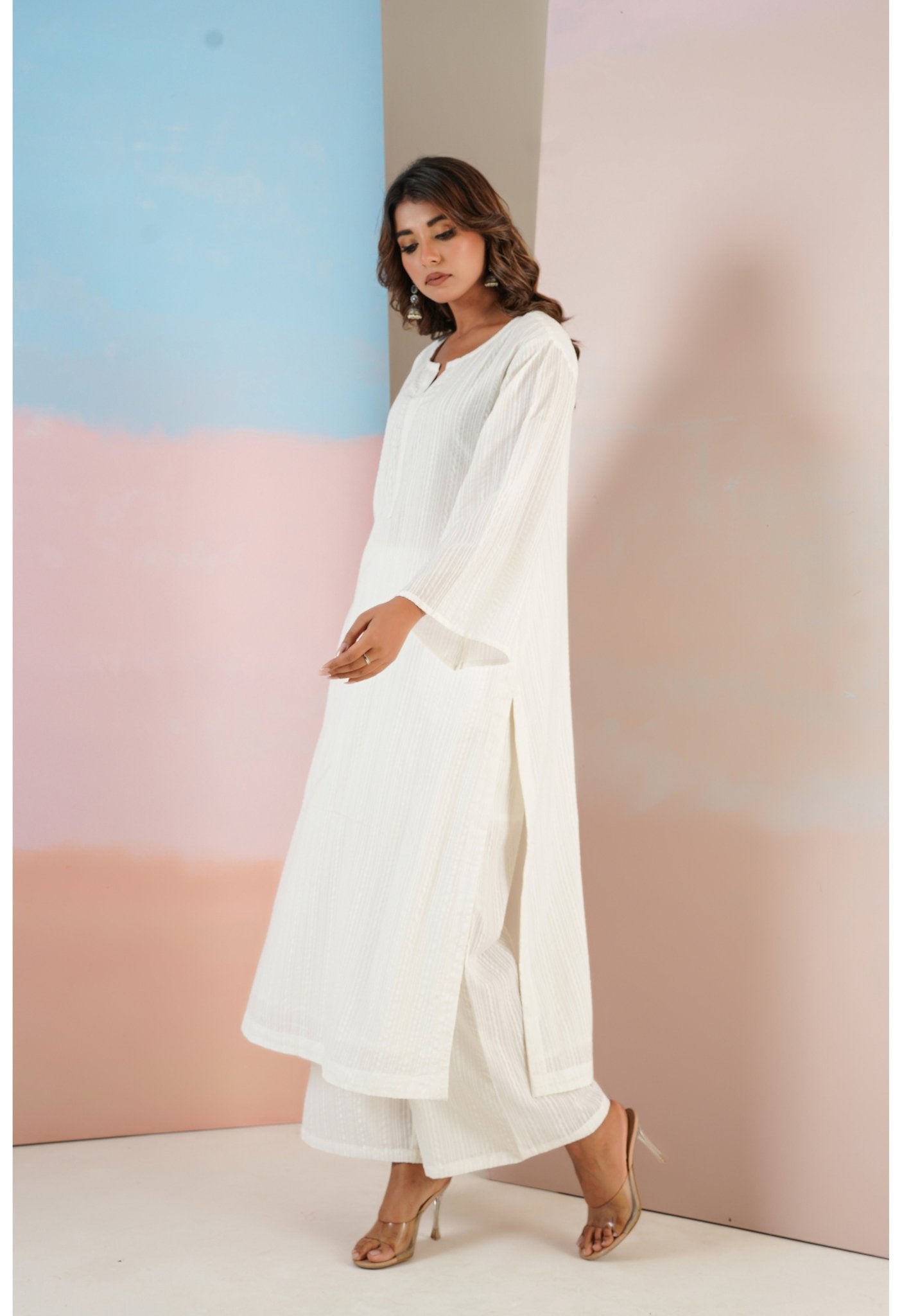 White Cotton Self Stripped Coord Set - Tara - C - Tara