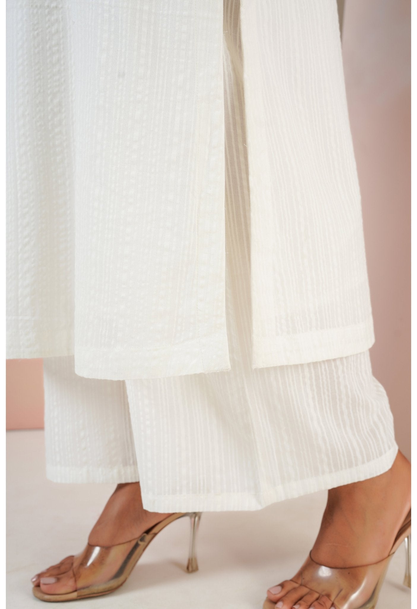 White Cotton Self Stripped Coord Set - Tara - C - Tara