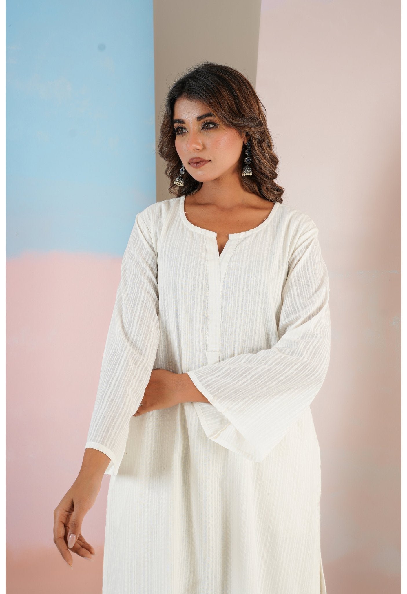 White Cotton Self Stripped Coord Set - Tara - C - Tara