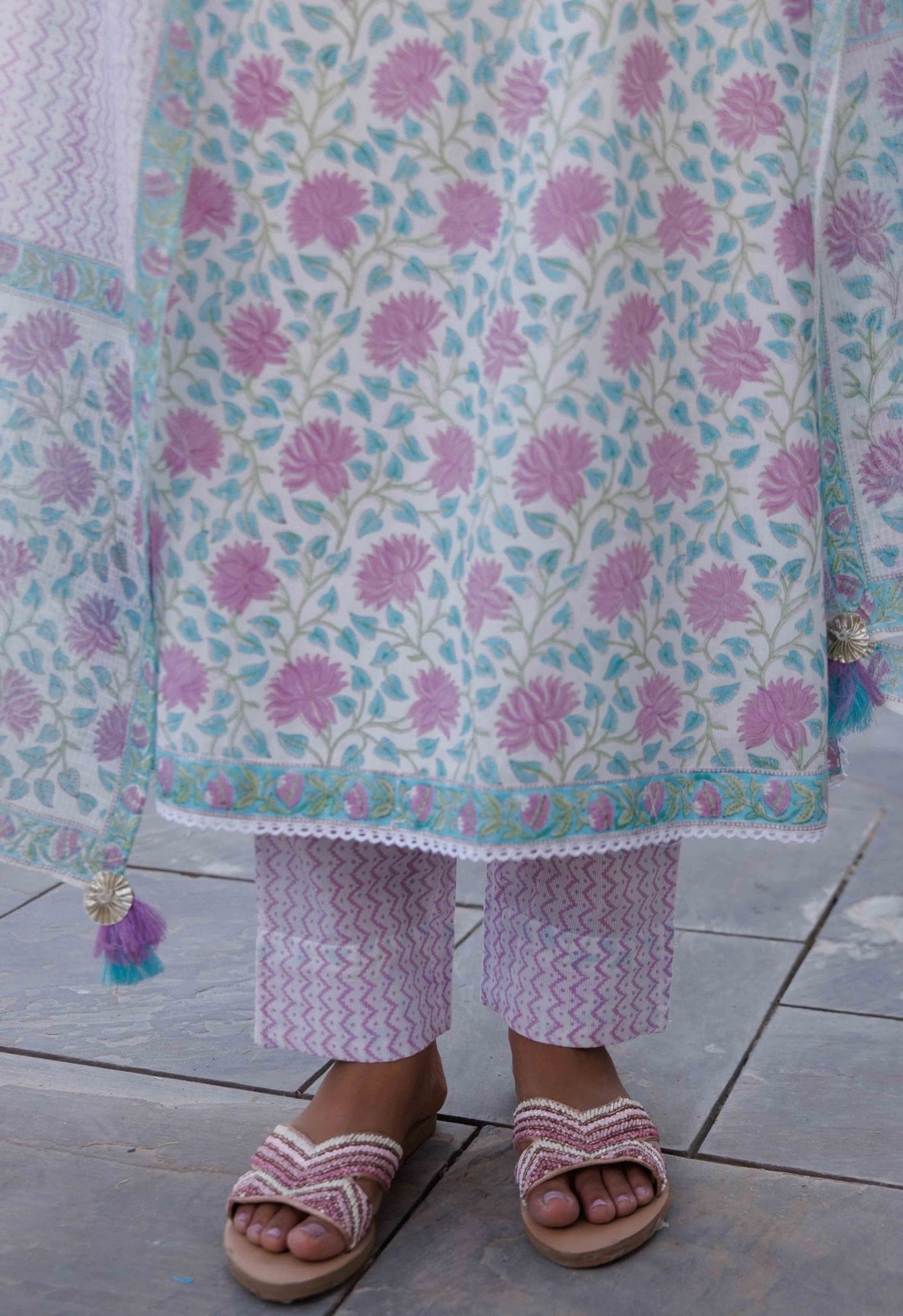 White Peony Strappy Hand block Suit Set - Tara-C-Tara