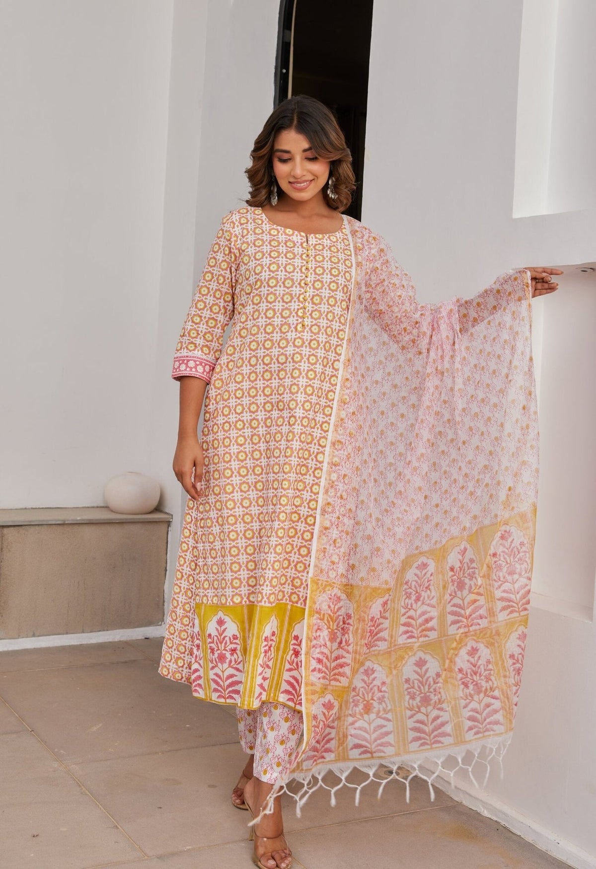Yellow Abstract Hand Block Printed Kurta Set with Dupatta - Tara - C - Tara