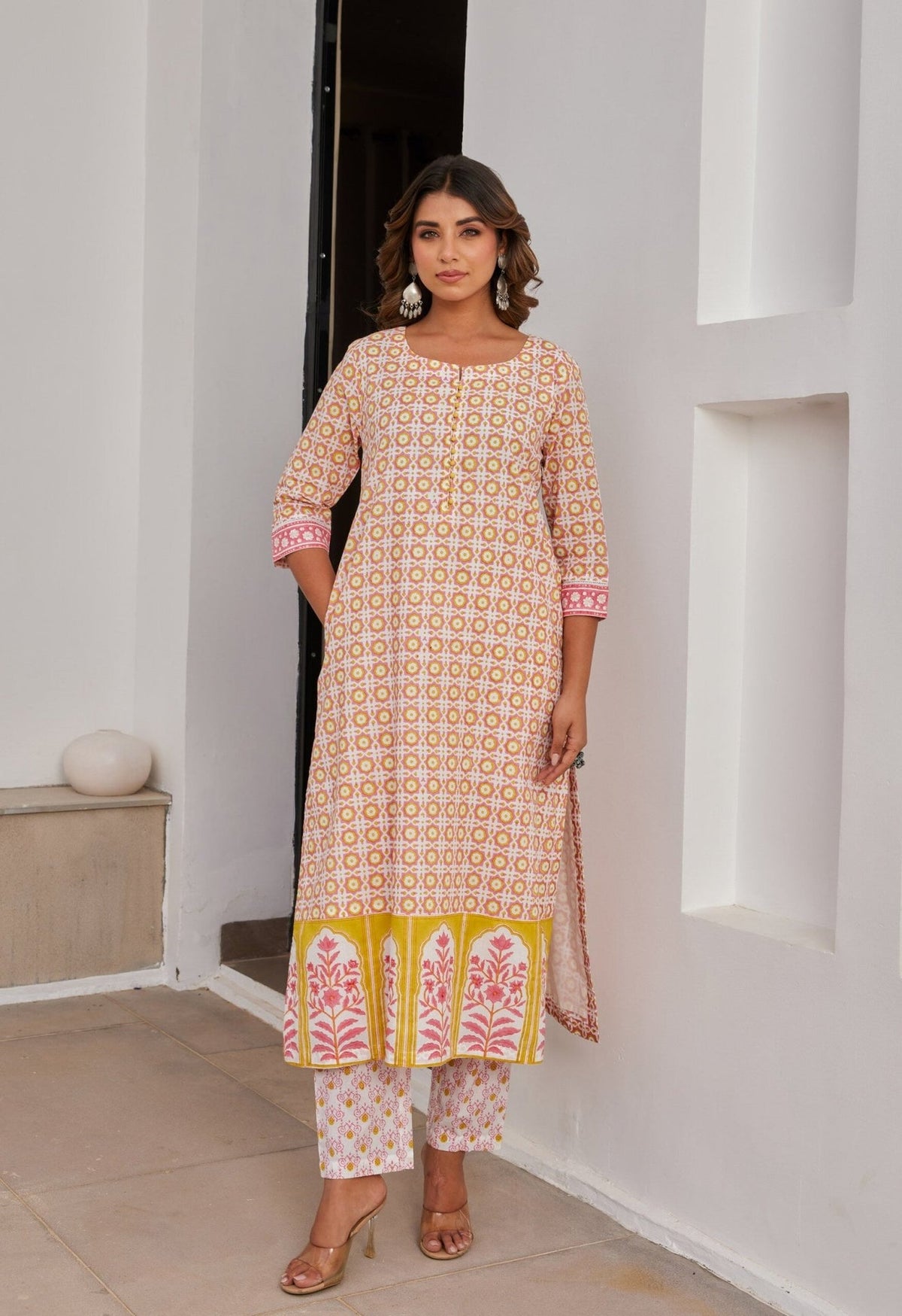 Yellow Abstract Hand Block Printed Kurta Set with Dupatta - Tara - C - Tara