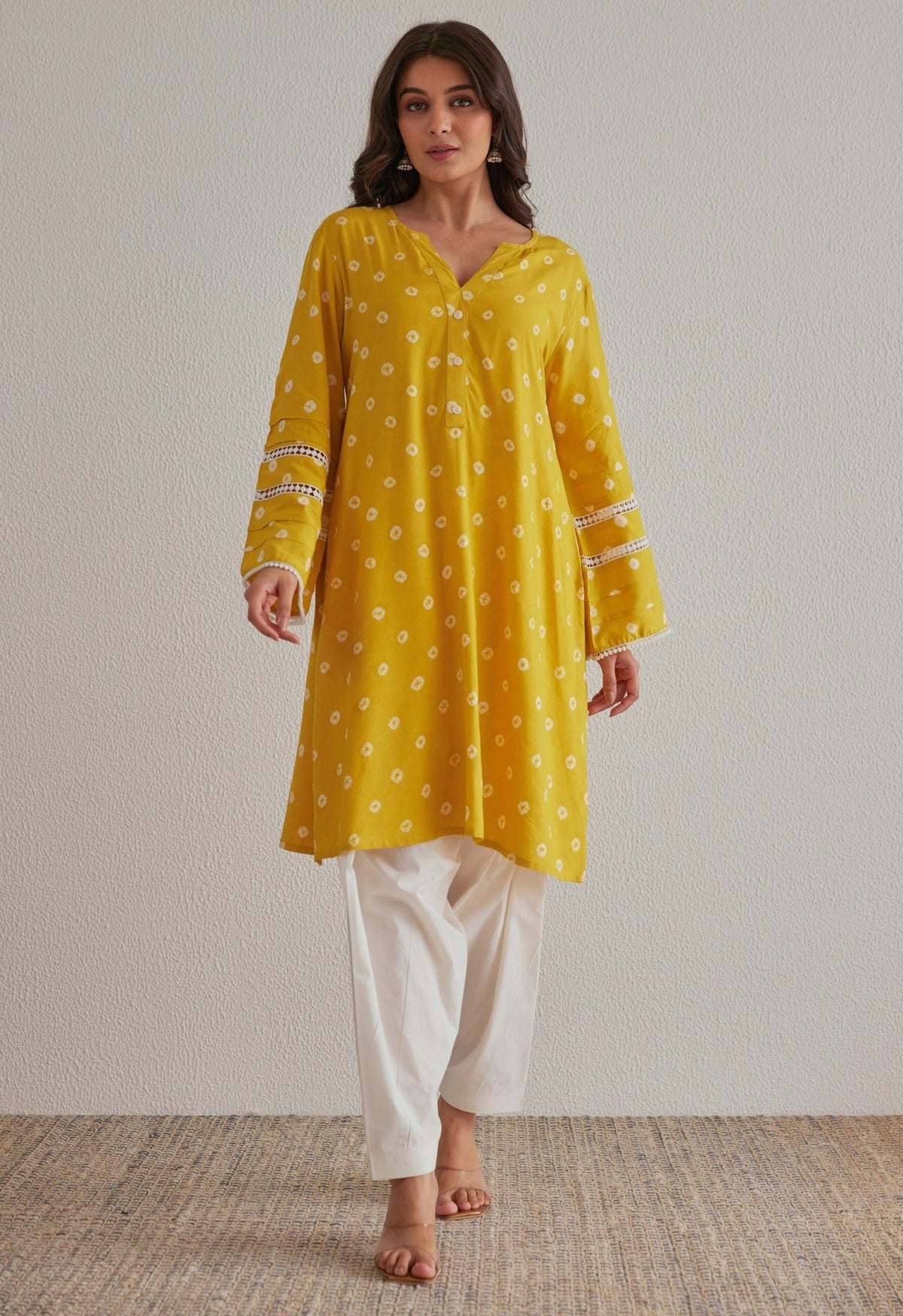 Yellow Bandhej Hand Tie Dye Coord Set With Salwar - Tara - C - Tara