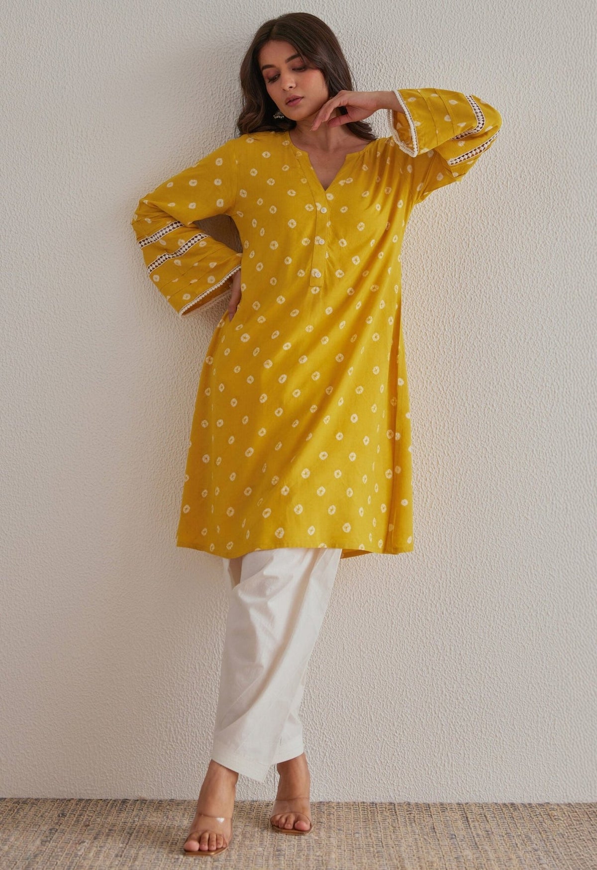 Yellow Bandhej Hand Tie Dye Coord Set With Salwar - Tara - C - Tara