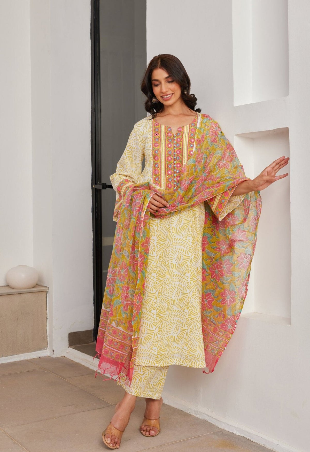 Yellow Cotton hand block Printed Kurta Set With Dupatta - Tara - C - Tara