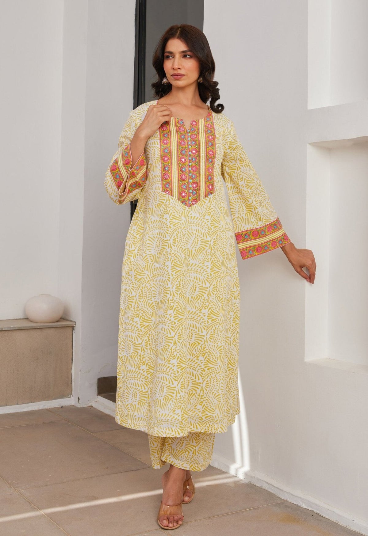 Yellow Cotton hand block Printed Kurta Set With Dupatta - Tara - C - Tara