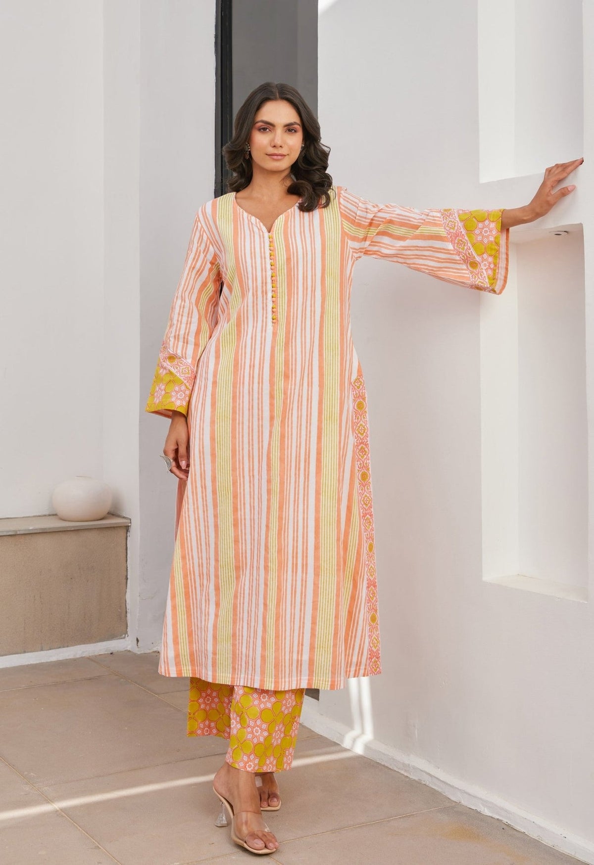Yellow Stripper Hand Block Printed Cotton Kurta Set With Dupatta - Tara - C - Tara