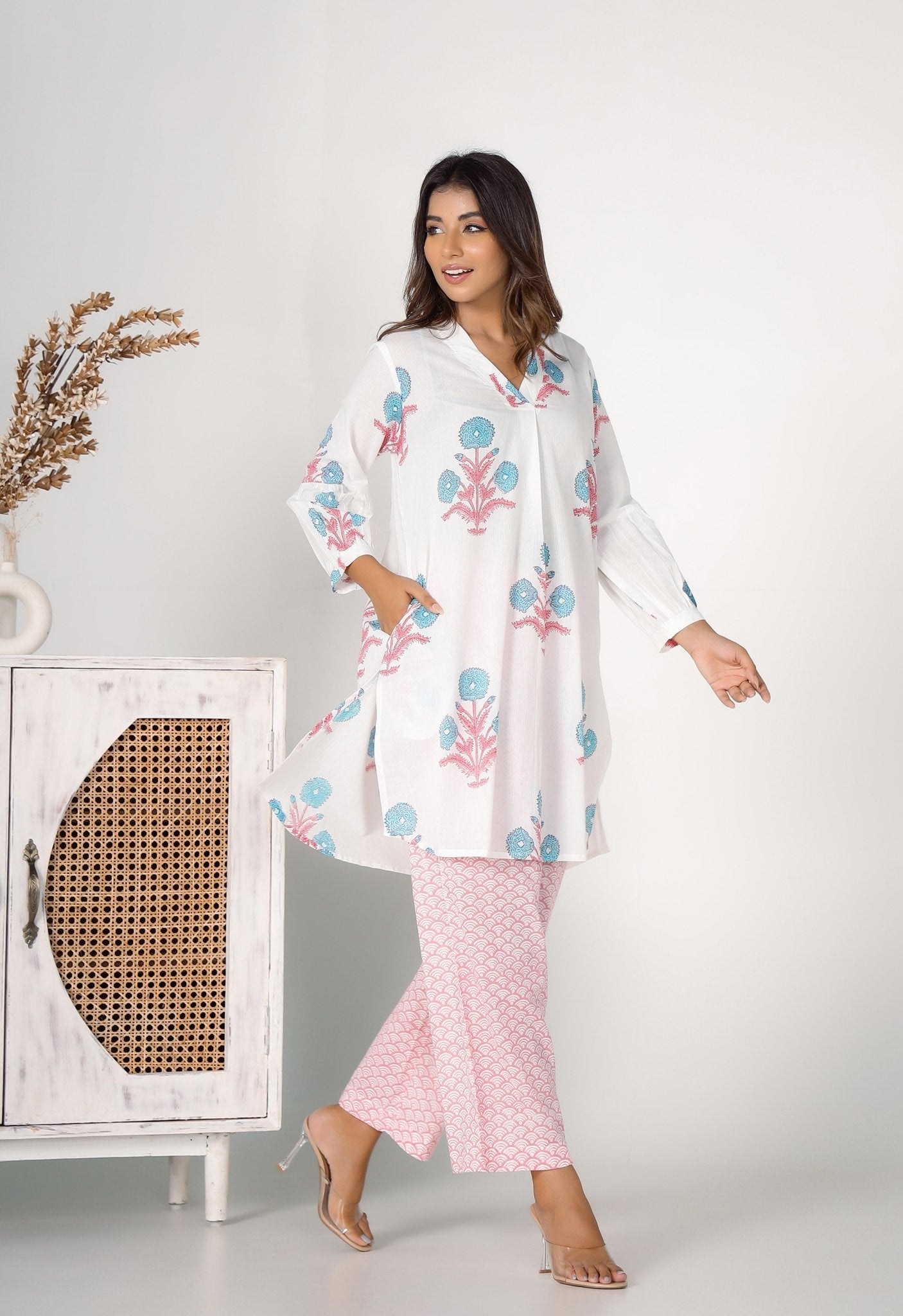 Pink Hand Block Printed Floral Co-ord Set (2pc) - Tara-C-Tara