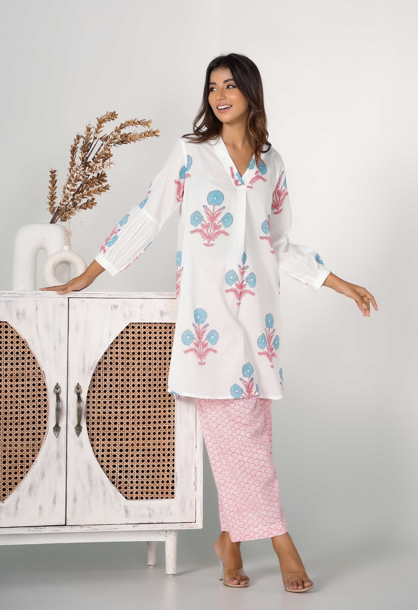Pink Hand Block Printed Floral Co-ord Set (2pc) - Tara-C-Tara