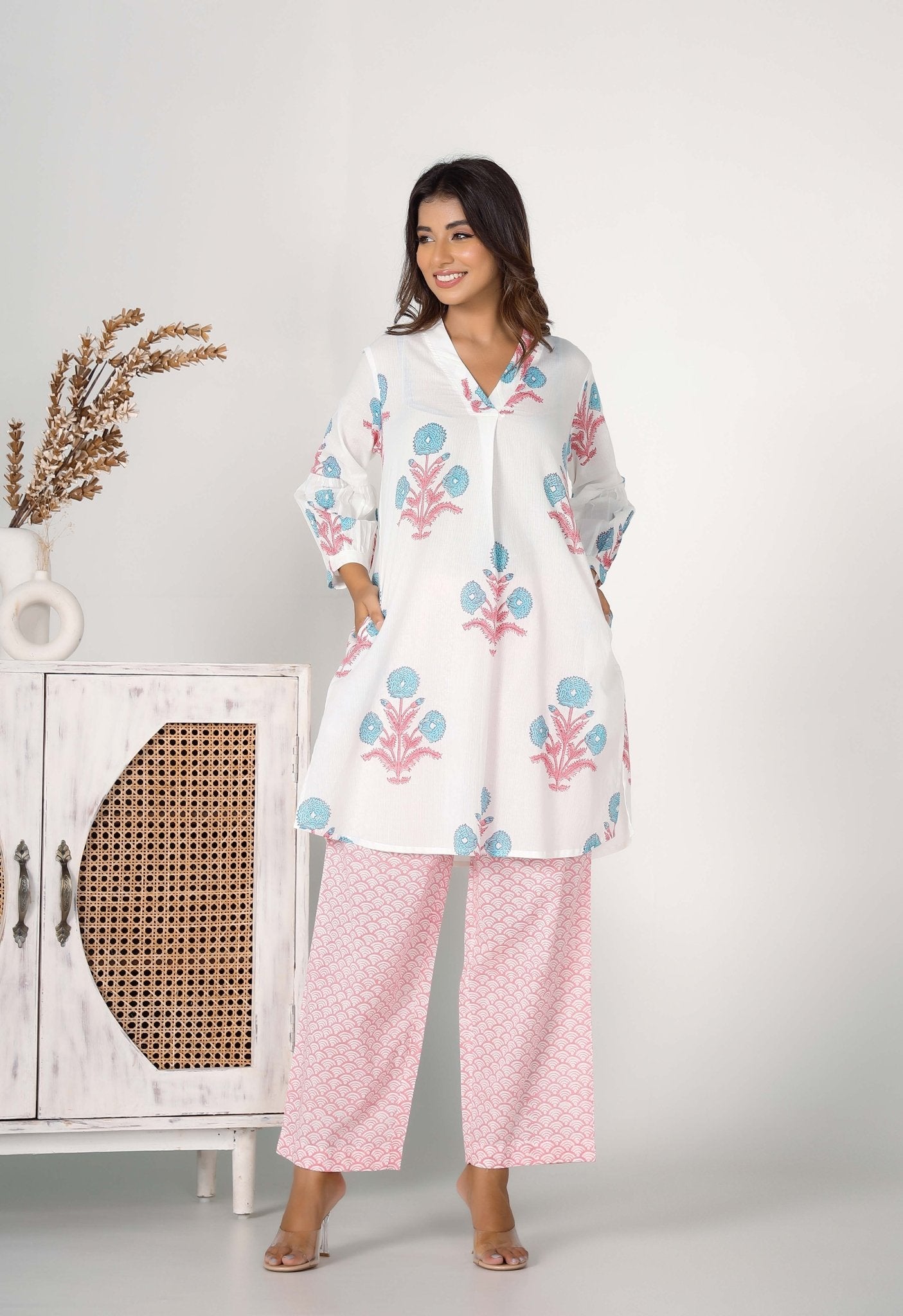 Pink Hand Block Printed Floral Co-ord Set (2pc) - Tara-C-Tara