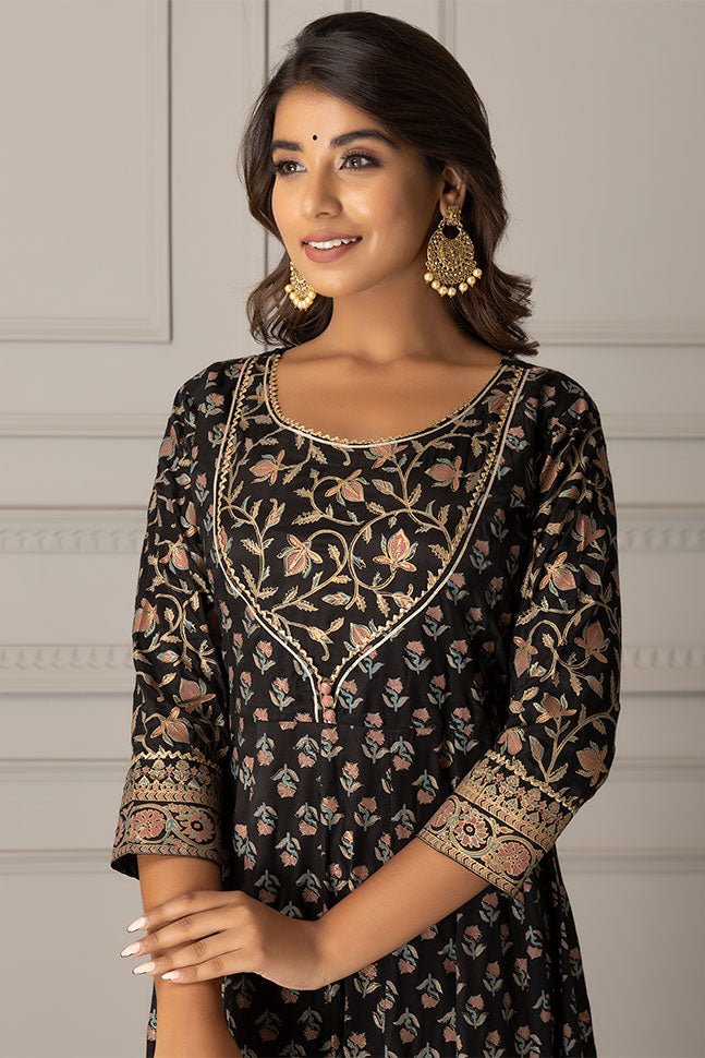 Plus Size Nargis Anarkali Dress Dupatta Set - Black - Tara-C-Tara