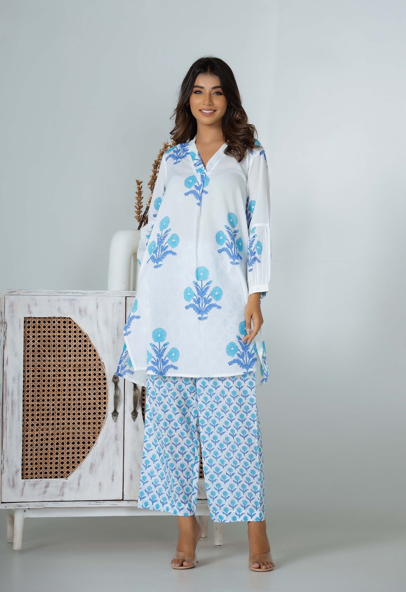 Turquoise Hand Block Printed Floral Co-ord Set (2pc) - Tara-C-Tara