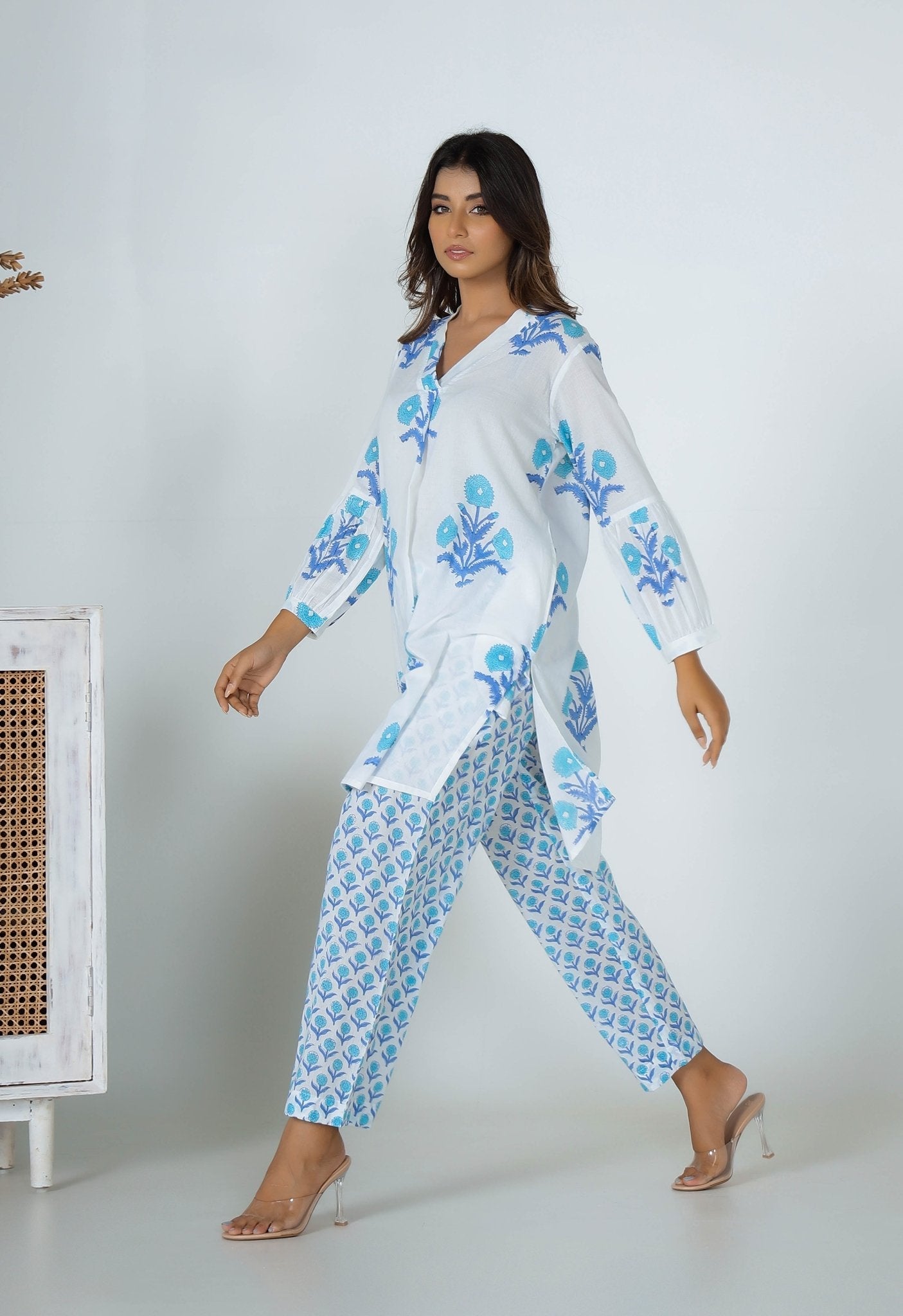 Turquoise Hand Block Printed Floral Co-ord Set (2pc) - Tara-C-Tara