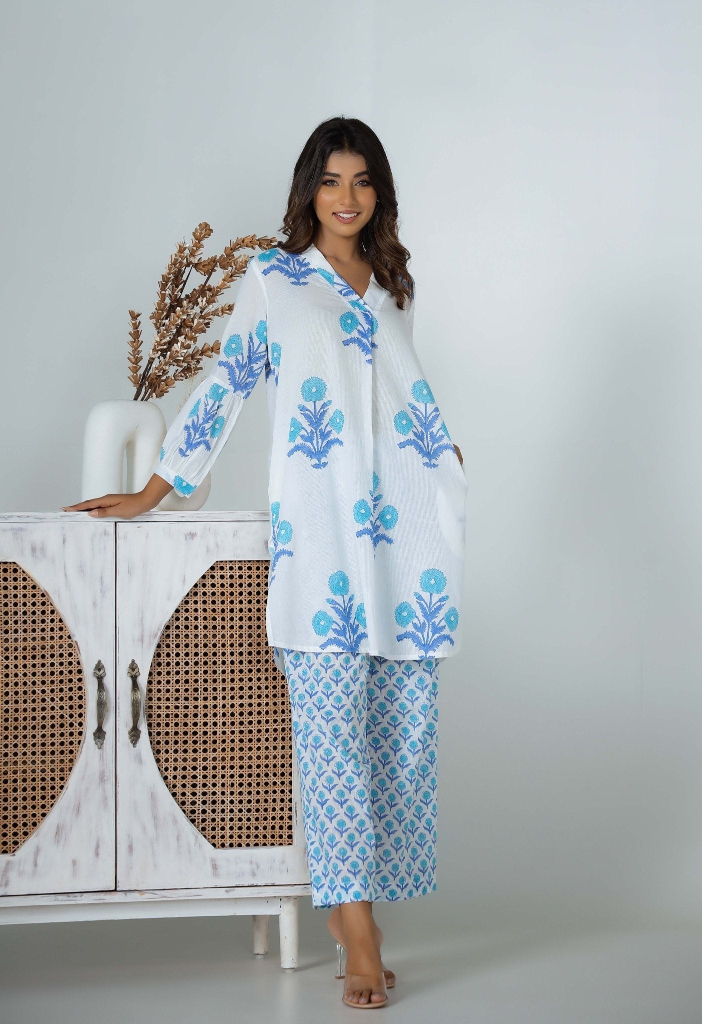 Turquoise Hand Block Printed Floral Co-ord Set (2pc) - Tara-C-Tara