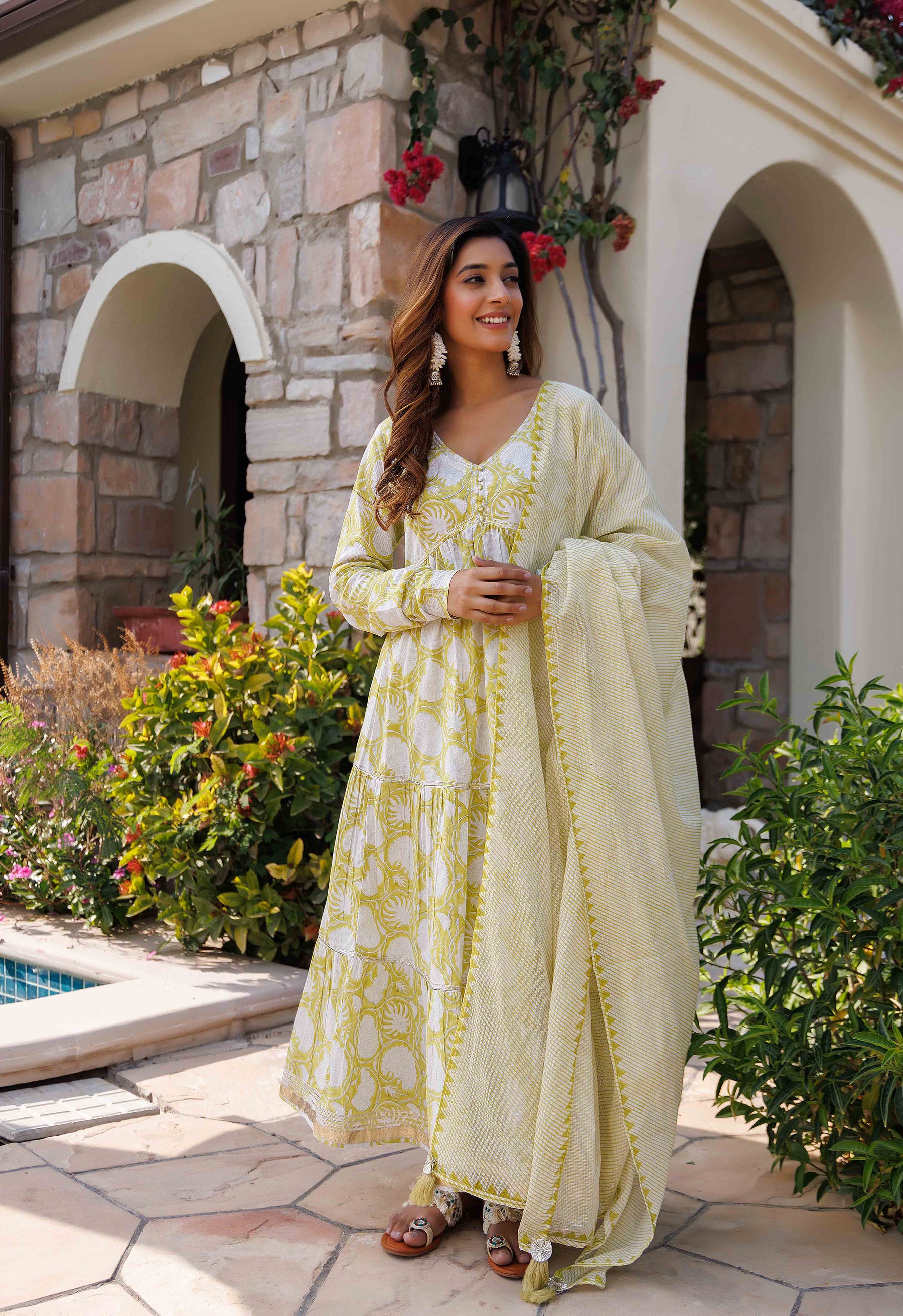 Green Floral Tiered Long Dress With Pants and Doriya Dupatta (3PC SET)