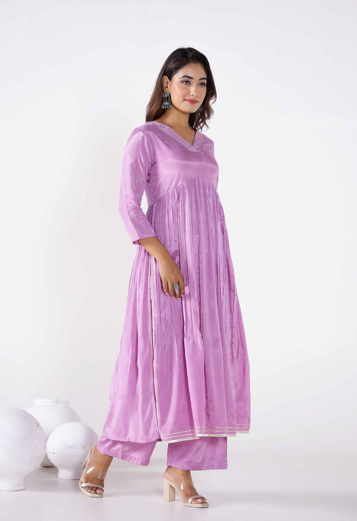 Purple Embroidered kurta Palazzo Set With Organza