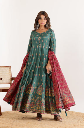 Green Floral Anarkali Dress with Floral Jaal Printed Dupatta