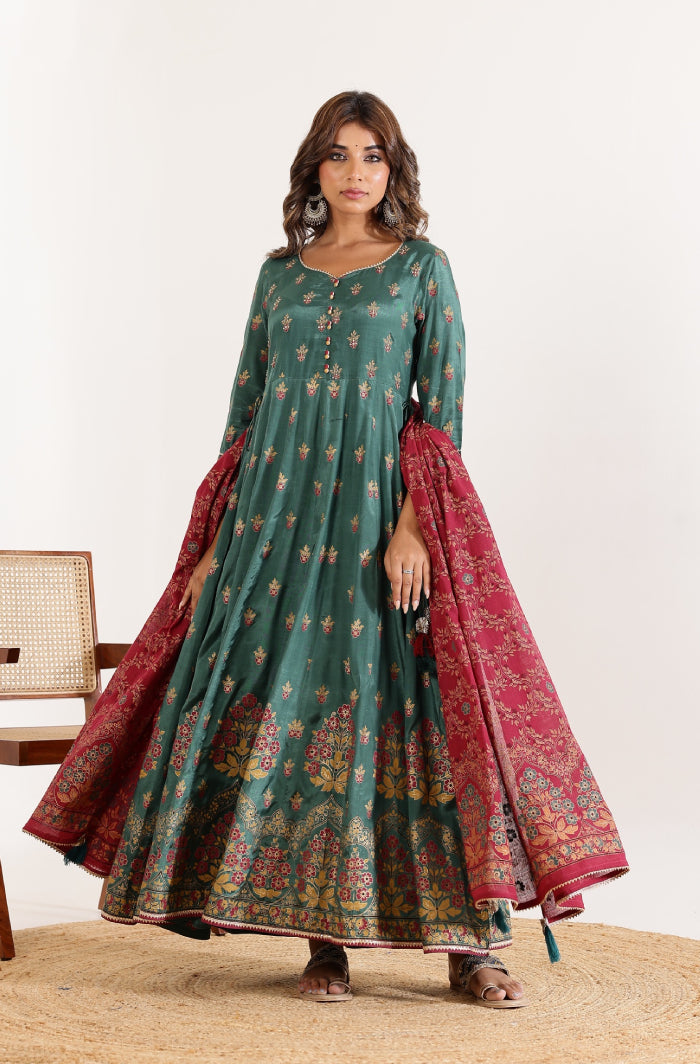 Green Floral Anarkali Dress with Floral Jaal Printed Dupatta