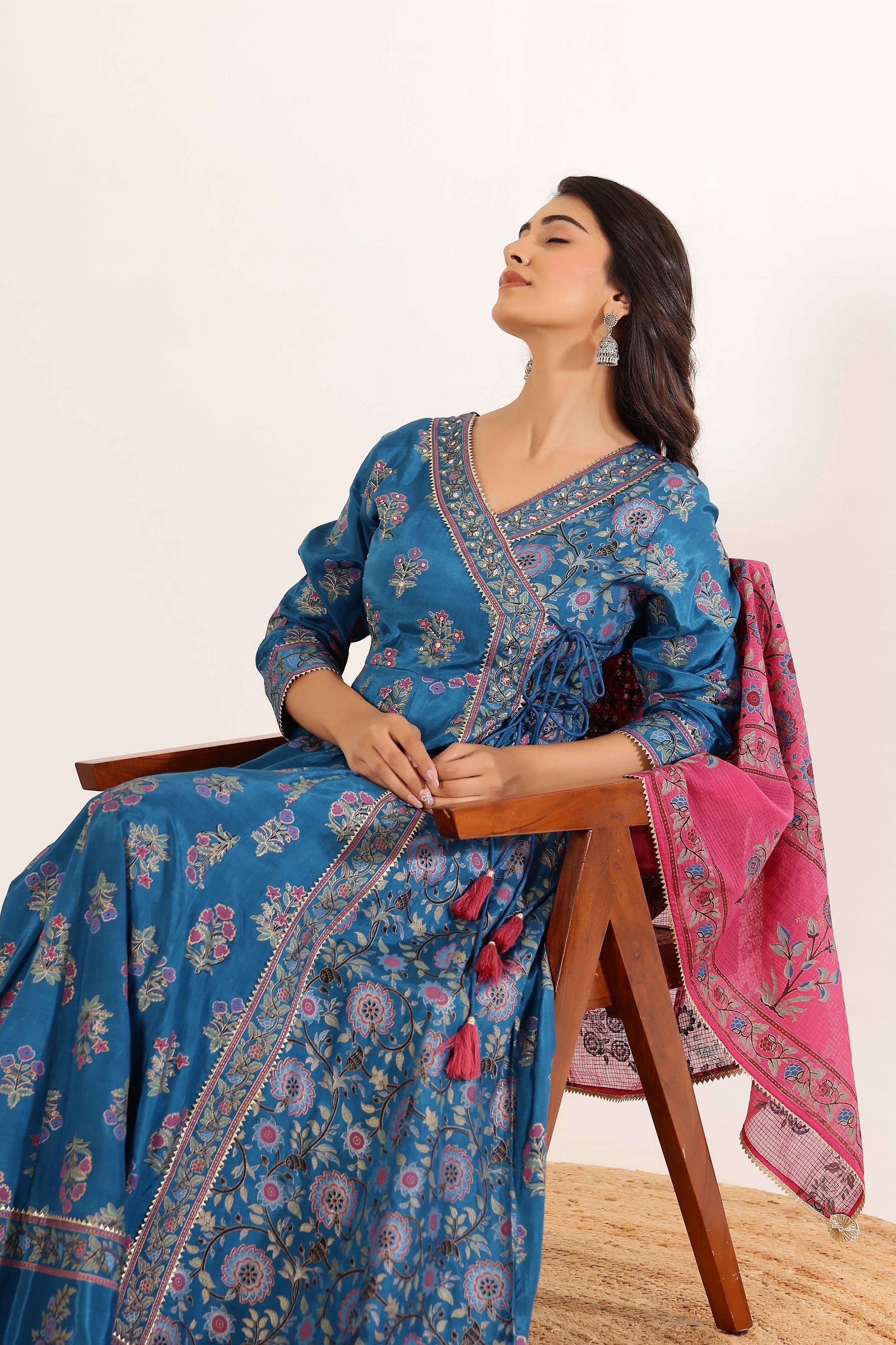 Blue Floral Printed  Anarkali Dress with Floral Printed Dupatta