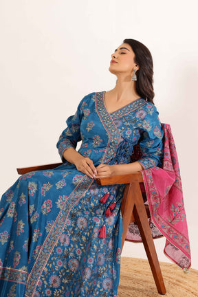 Blue Floral Printed  Anarkali Dress with Floral Printed Dupatta