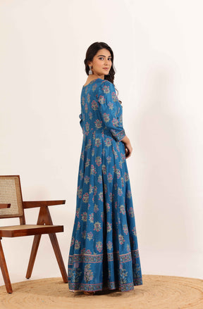 Blue Floral Printed  Anarkali Dress with Floral Printed Dupatta