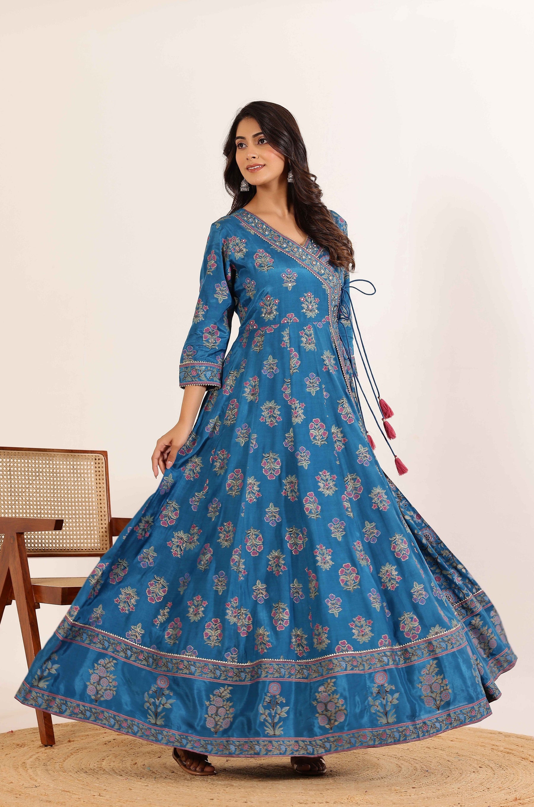 Blue Floral Printed  Anarkali Dress with Floral Printed Dupatta
