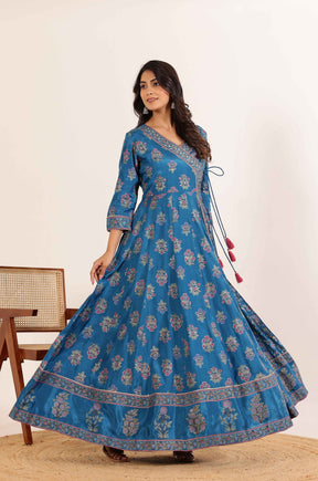 Blue Floral Printed  Anarkali Dress with Floral Printed Dupatta