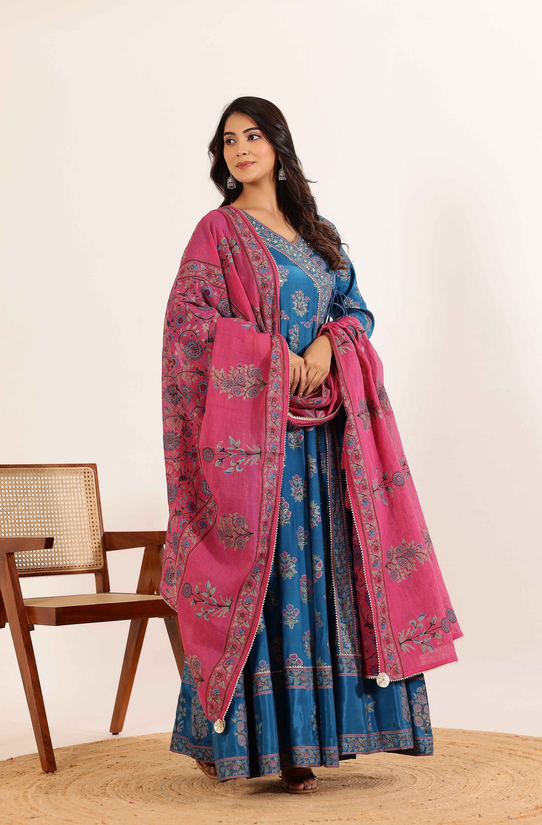 Blue Floral Printed  Anarkali Dress with Floral Printed Dupatta