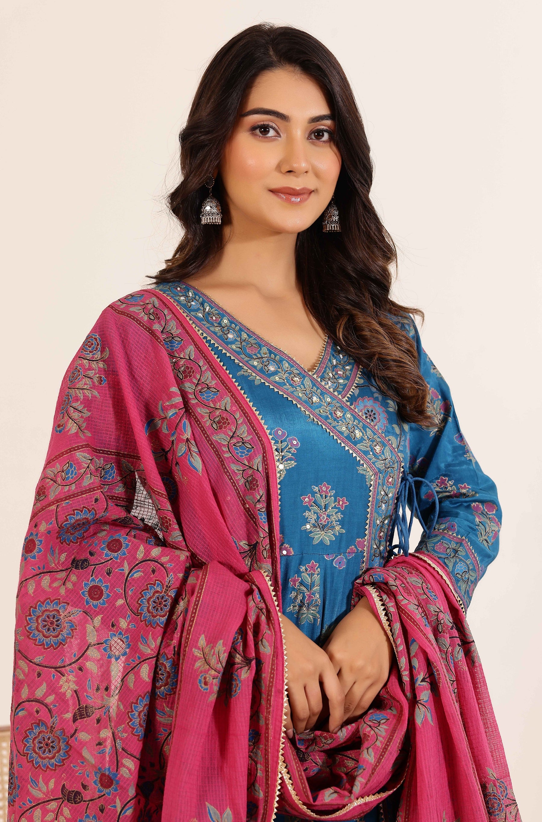 Blue Floral Printed  Anarkali Dress with Floral Printed Dupatta