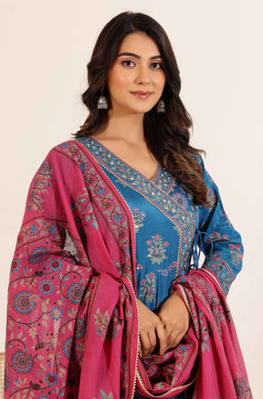 Blue Floral Printed  Anarkali Dress with Floral Printed Dupatta