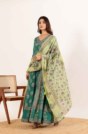 Vibrant Elegance: Green Angrakha Dress with Floral Dupatta and Tassel Details