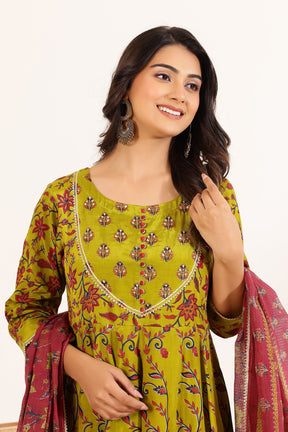 Green Floral Printed Anarkali Dress with Floral Printed Dupatta