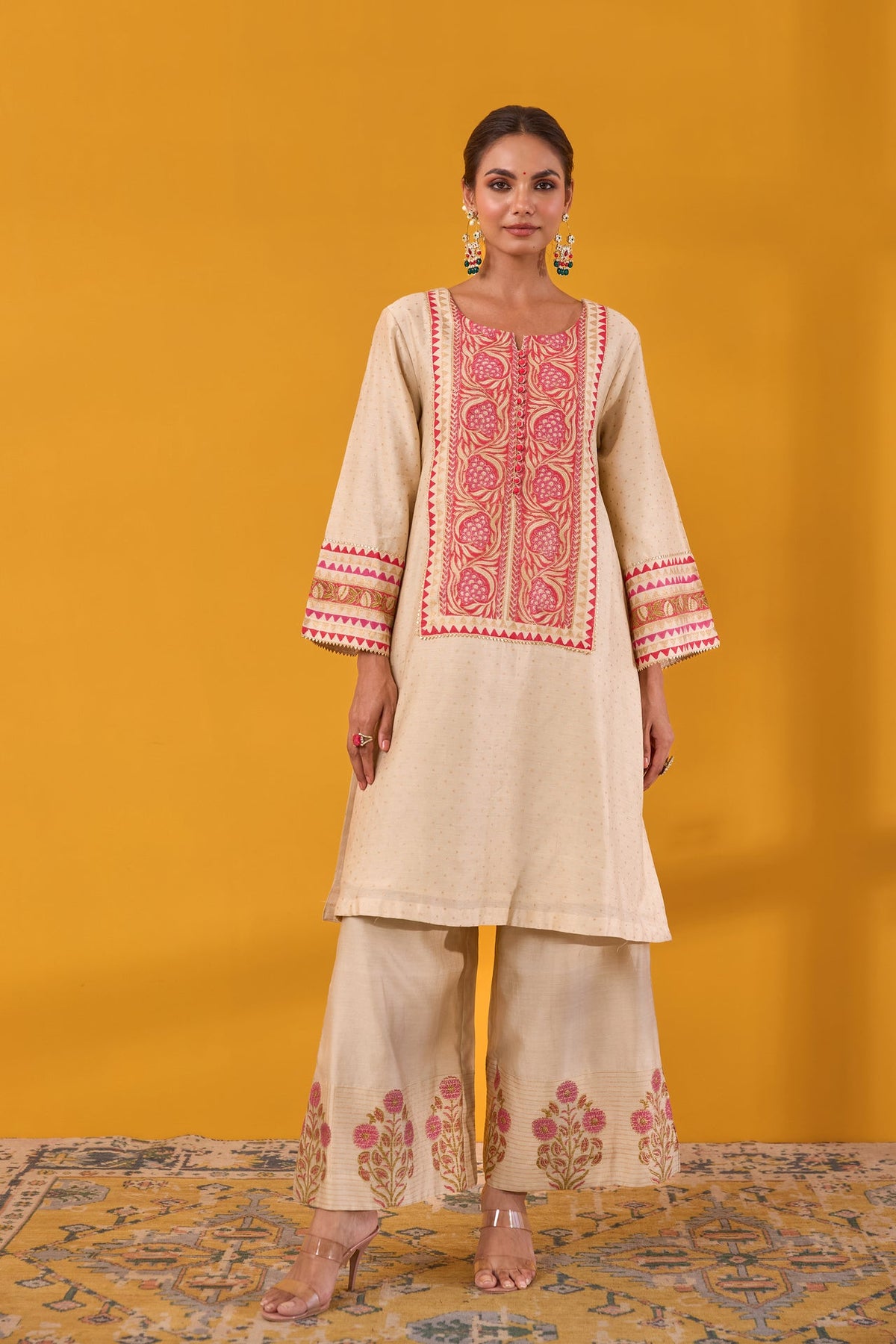 Beige Chanderi Hand Block Printed Coord Set