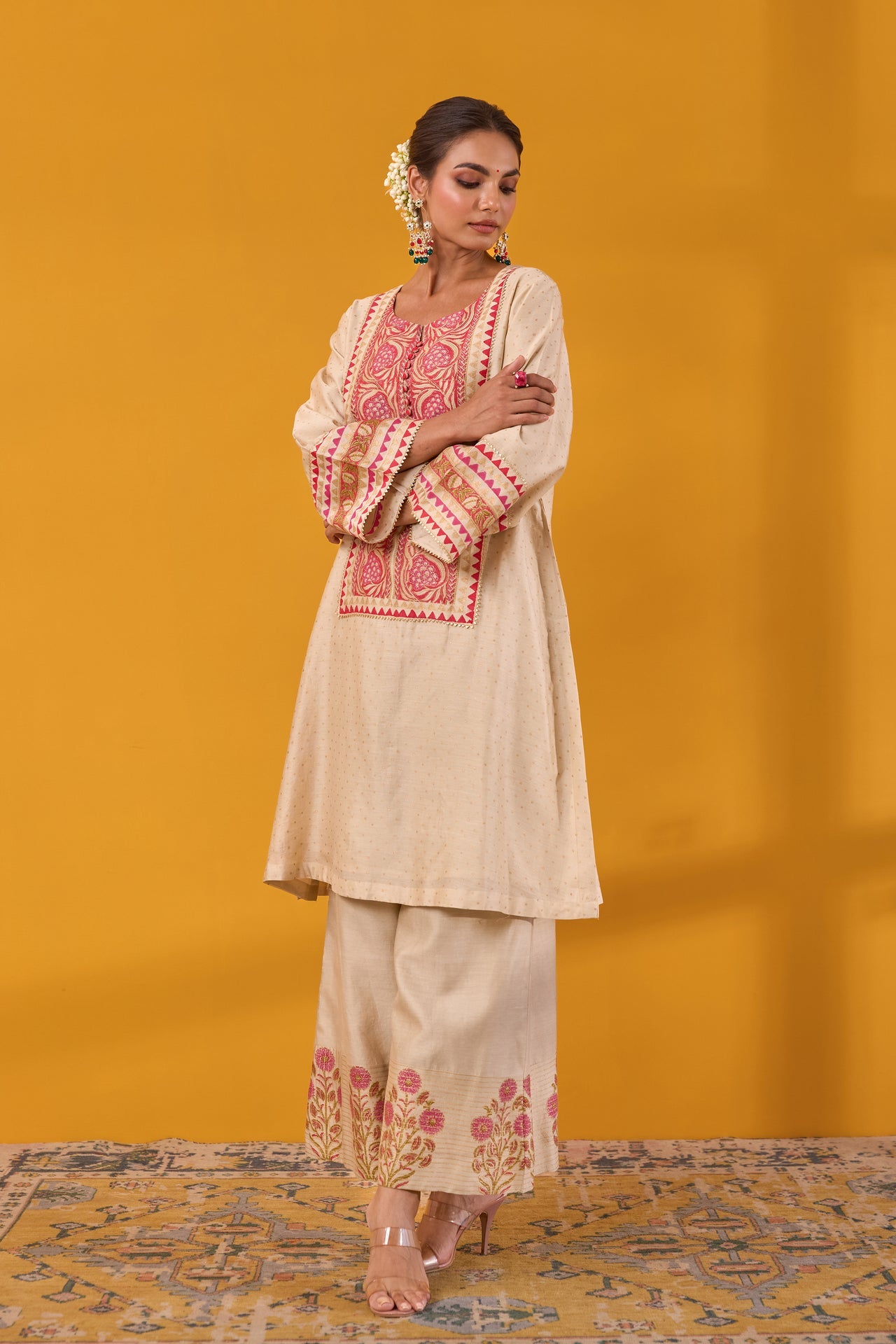 Beige Chanderi Hand Block Printed Coord Set