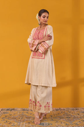 Beige Chanderi Hand Block Printed Coord Set