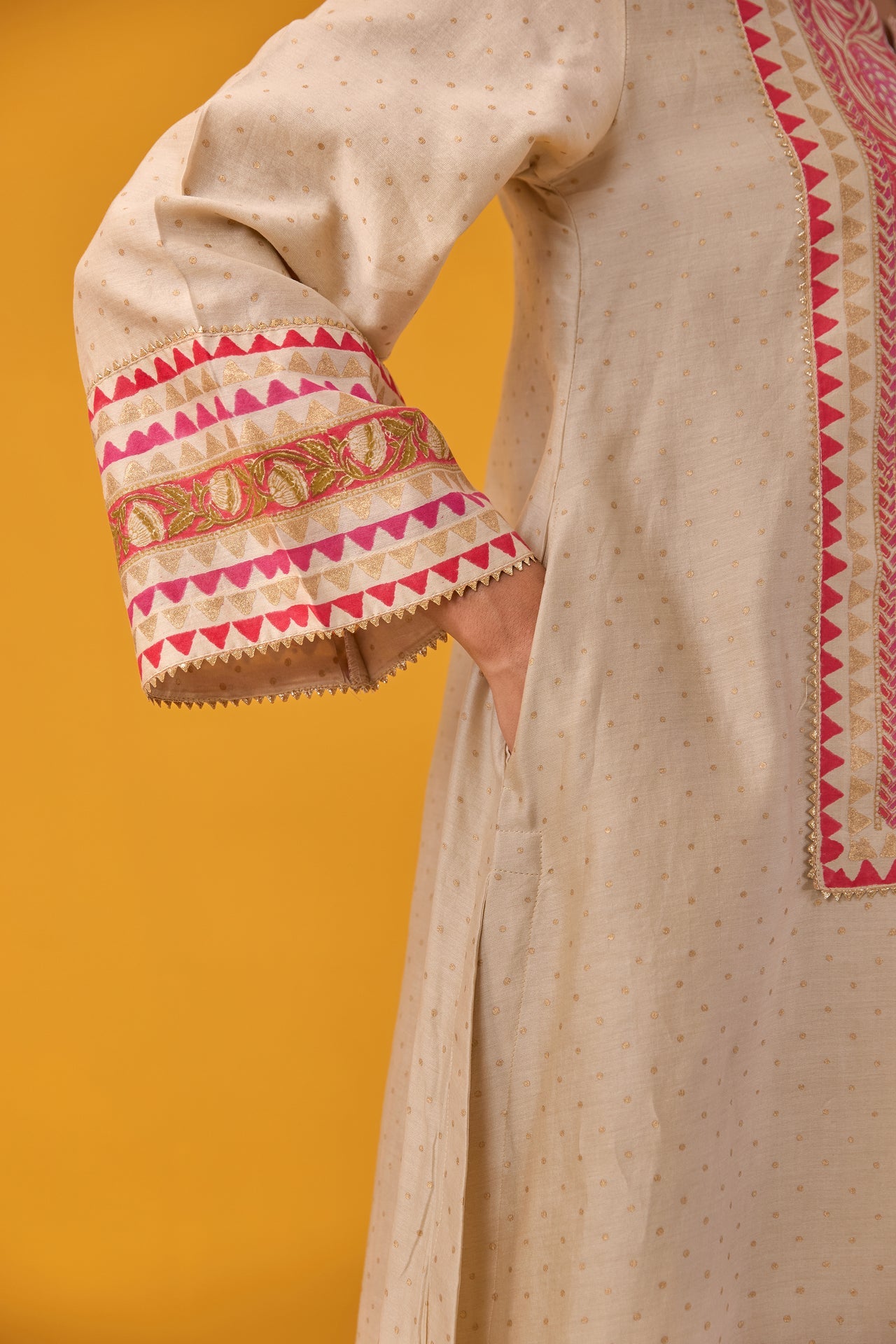 Beige Chanderi Hand Block Printed Coord Set