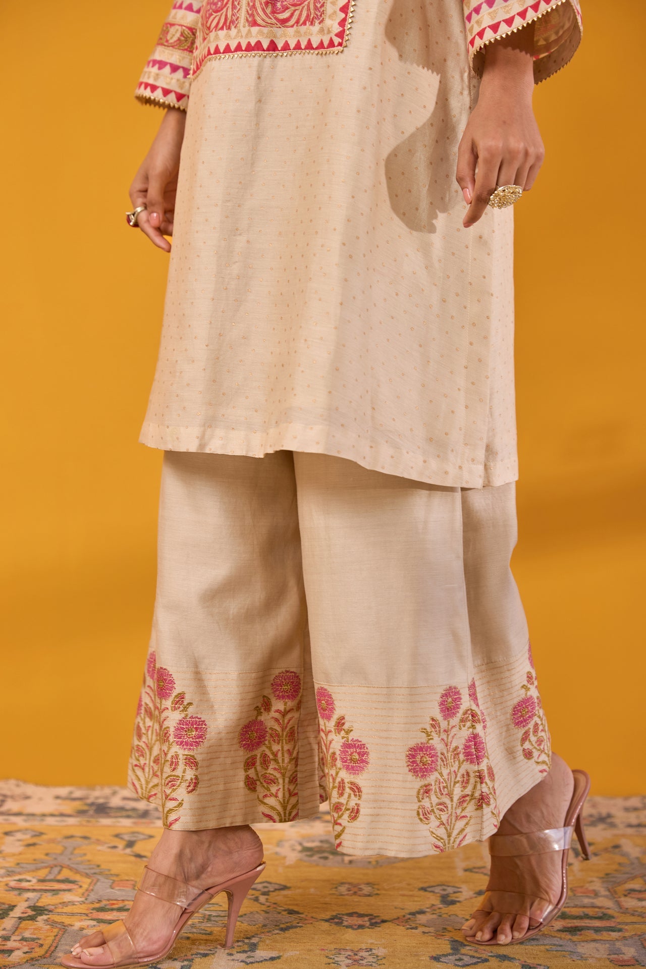 Beige Chanderi Hand Block Printed Coord Set