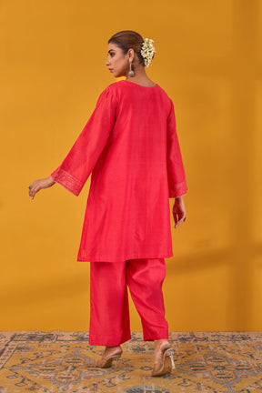 Red Chanderi Hand Block Printed Kurta Set With Dupatta