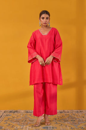 Red Chanderi Hand Block Printed Kurta Set With Dupatta