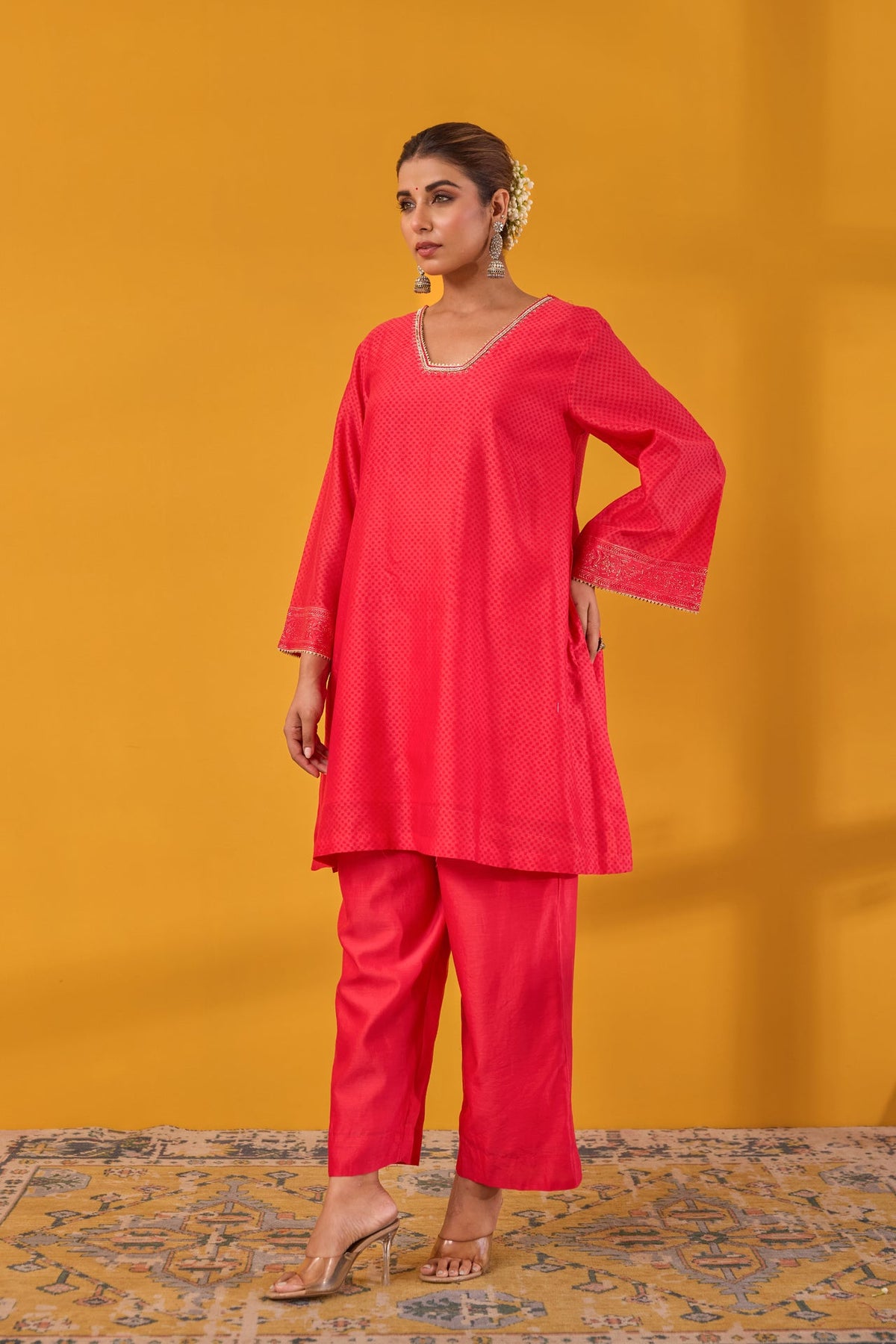 Red Chanderi Hand Block Printed Kurta Set With Dupatta
