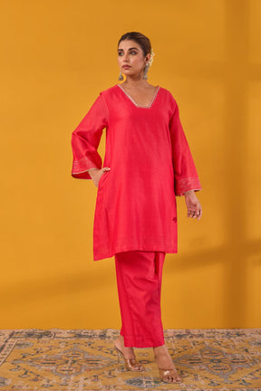 Red Chanderi Hand Block Printed Kurta Set With Dupatta
