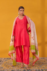 Red Chanderi Hand Block Printed Kurta Set With Dupatta