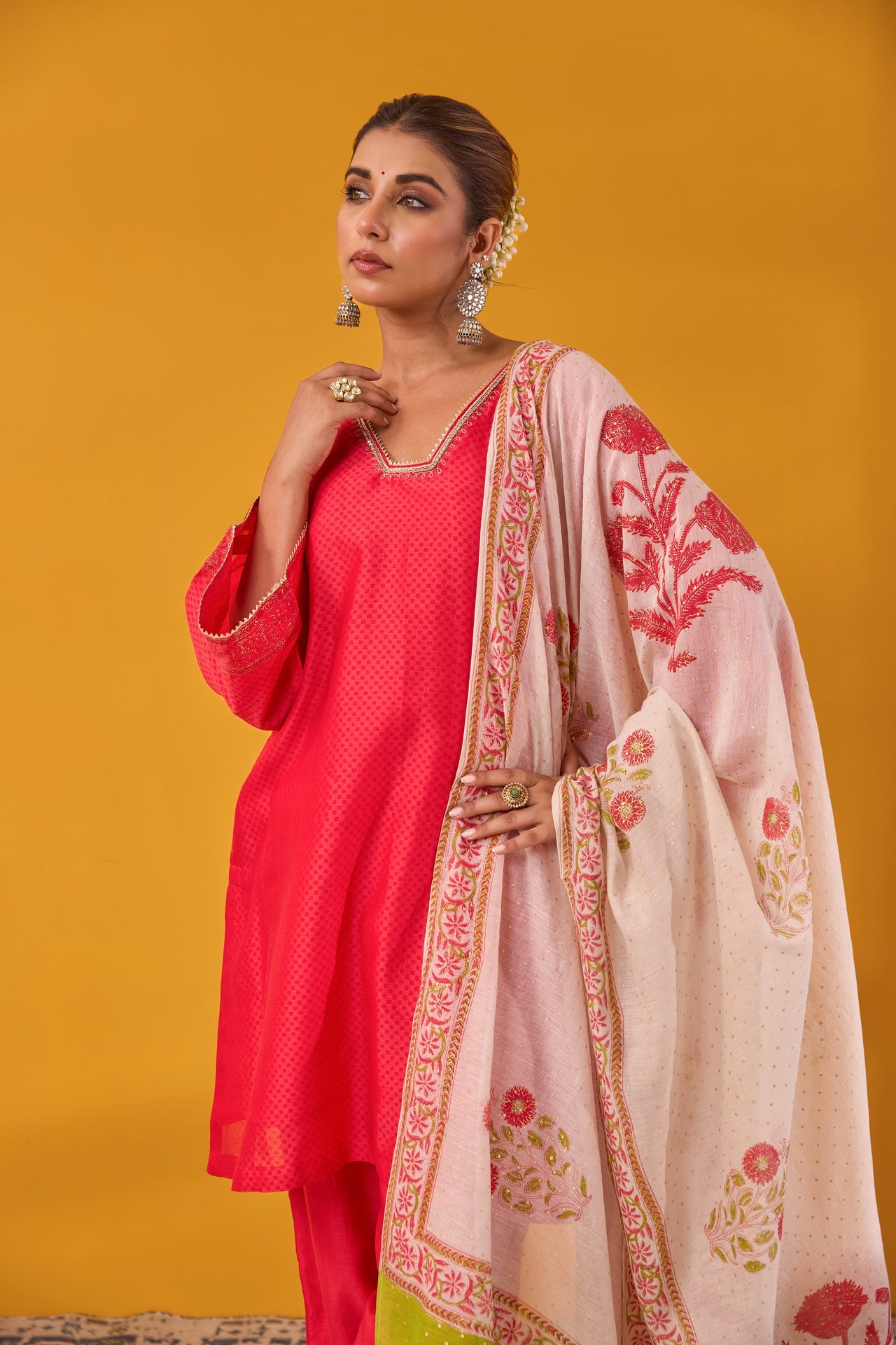 Red Chanderi Hand Block Printed Kurta Set With Dupatta