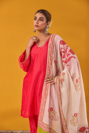 Red Chanderi Hand Block Printed Kurta Set With Dupatta