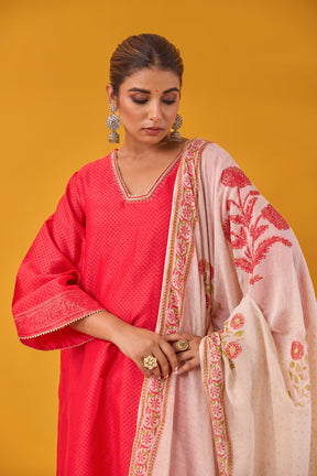 Red Chanderi Hand Block Printed Kurta Set With Dupatta